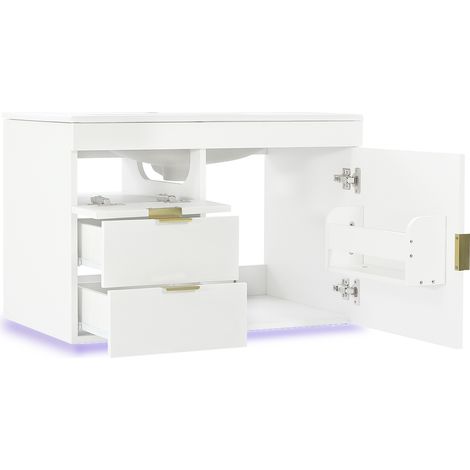 Mueble de baño suspendido 76 cm con lavabo de cerámica MDF blanco efecto madera LED App Soft Close (1/5)