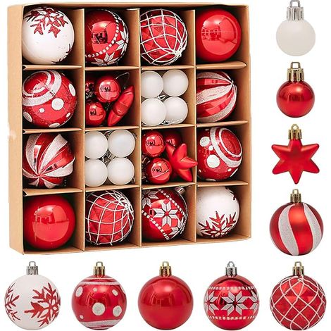 Set di 42 palline di Natale infrangibili da appendere all'albero di Natale, rosse e bianche