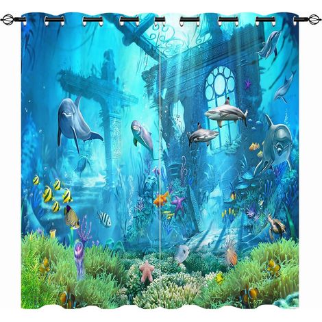 Rideaux Océan - Imprimé Occultants Thermiques (Dauphins, Requins, Écosystème Marin) pour Salon/Chambre avec Œillets - 2 Panneaux L168 x H137cm - 168L X 137H cm (2 Panneaux) (1/5)