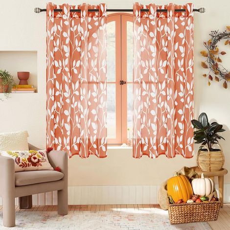 Rideau Voilage Court Transparent 140x160 CM pour Cuisine Fenetre Chambre, Rideaux Orange Rouge et Draperies Intérieurs Rideau Salon en Voile à Oeillets Motif Imprimé Feuilles, 2 Pièces (1/5)