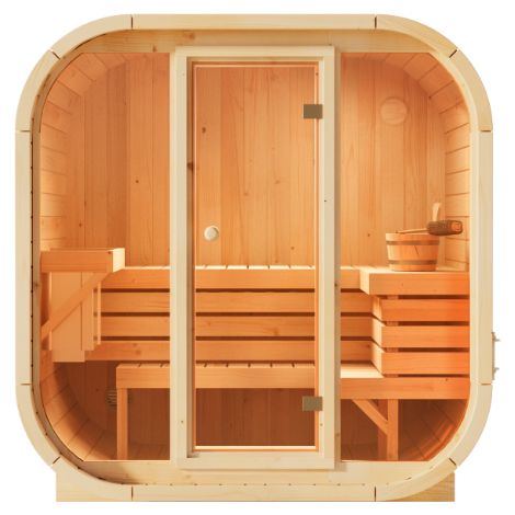 Sauna intérieur traditionnel 3 places – Épaisseur de paroi 42 mm – Dimensions 195 x 113 cm – Faible puissance de poêle 6 kW – Finntherm