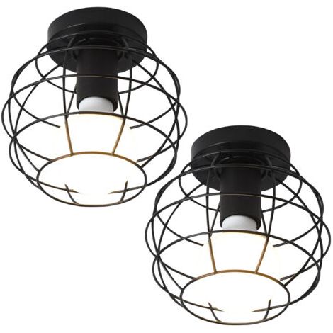 royaluxe- (2PCS) Plafonnier Rétro Lampe De Plafond D'Intérieur Vintage E27 Luminaire Plafonnier À Cage En Métal Noir (1/5)
