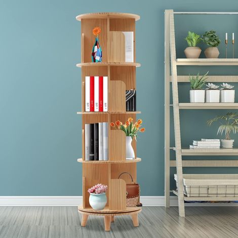 4 tiers Pine Wood Rotating Bookshelf, 360 Display Floor Standing Bookcase Storage Rack for Kids&Adults, Multi-Functional Bookshelf Organizer Used for Living Rooms, Study Rooms, Bedrooms