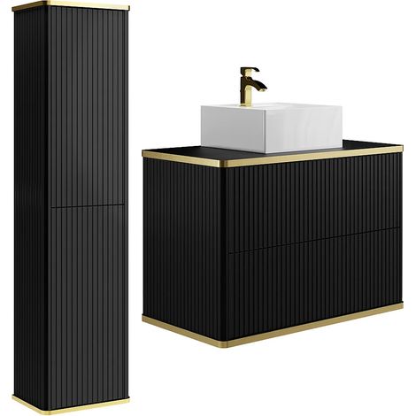 Mobile bagno sospeso scanalato con lavabo da appoggio quadrato e colonna Nero 80 cm - KELIZA (1/5)