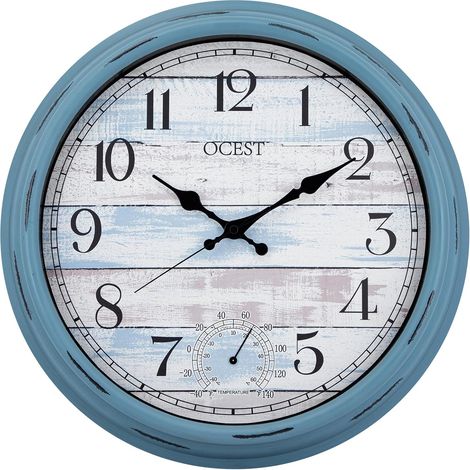Grande horloge murale d'intérieur et d'extérieur de 40,6 cm, étanche avec thermomètre, résistante aux intempéries, sans tic-tac, horloge décorative à piles pour terrasse, piscine, porche (1/5)