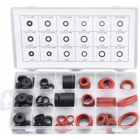 141 rondelles en caoutchouc et joints en fibre, 18 tailles de joints plats, assortiment de rondelles pour robinets - noir et rouge (1/5)