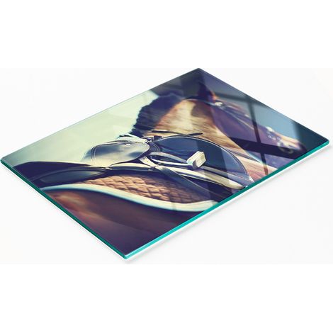 Tabla de vidrio elegante y duradera con estribos de silla de montar impresos, 80x52 cm.