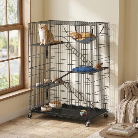 Maison à chat à 4 niveaux avec hamac, lit, rampes et plateformes en métal avec bac extractible, noir (1/5)
