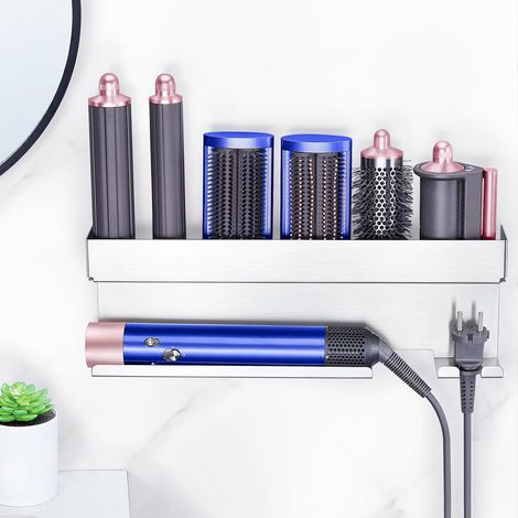 Soporte de pared plateado para secadores y planchas de pelo, no requiere taladrar, compatible con todos los accesorios de peinado. (1/5)