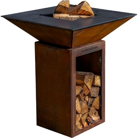Brasero plancha en acier corten – Barbecue extérieur 74x74x90 cm avec rangement bûches – Grille de cuisson et stop food inclus (1/5)