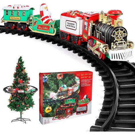 Set di trenini natalizi che girano intorno all'albero di Natale, decorazione natalizia per la casa, luci festive, suoni realistici, funzionamento a batteria, multicolore.