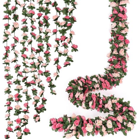 9x Künstliche Rosengirlande 2,4m Rosa mit Eukalyptus, wetterfest für Deko (1/5)