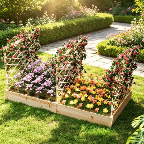 Bac potager surélevé avec 3 treillis modulaires, effet bois naturel, 222x114x109 cm (1/5)