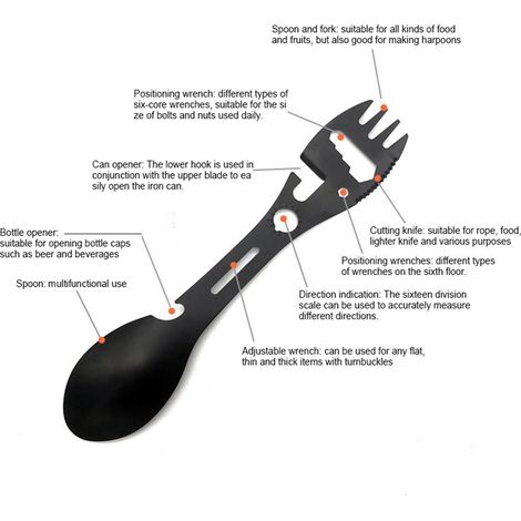 Cuillère-fourchette multifonctionnelle 10 en 1 en acier inoxydable avec coupe-boîtes, ouvre-bouteilles et clé pour le camping, la cuisine, la randonnée et le trekking. (1/5)