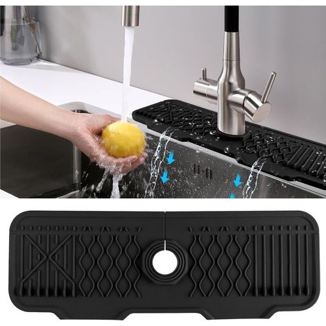 Tapis de Robinet Silicone, Protection Anti-Éclaboussures pour Robinet d'Évier, Plateau Anti-Gouttes pour Poignée Robinets, Tapis d'Évier pour Comptoir de Cuisine et de Salle de Bain (Noir, 43 cm) (1/4)