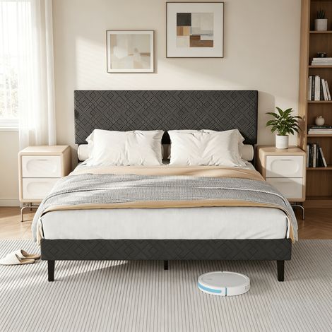 Lit adulte 160x200 cm avec sommier, Lit double rembourré 160x200 cm avec tête de lit réglable, Espace de rangement sous le lit, Design minimaliste et moderne, Lin, Gris (1/5)