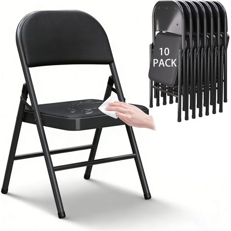 Set of 10 Portable Indoor Folding Chairs Faux Leather Dining Chairs with Metal Frame and Padded Seat Suitable for Home Office Reception Areas Guest Seating and Large Events Max. 145kg Black