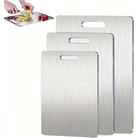 Juego de 3 tablas de cortar de acero inoxidable de doble cara: aptas para alimentos, duraderas para cocinas profesionales y preparación de comidas. (1/5)
