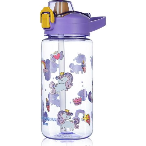 Kinder Trinkflasche 600ml mit Strohhalm, auslaufsicher, BPA-frei, Lila Einhorn (1/5)