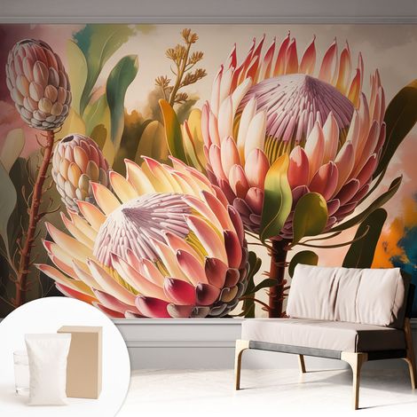 Tapete Vliestapete mit Kleber für Wohnzimmer Schlafzimmer Küche - Wanddekoration Protea-Blüten 312x219 cm (1/5)
