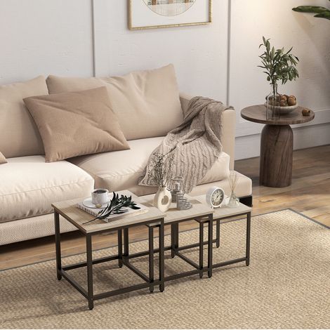 Lot de 3 tables basses gigognes effet bois clair, structure métal noir, pieds réglables, pour salon et coin canapé  CHICFURN (1/5)