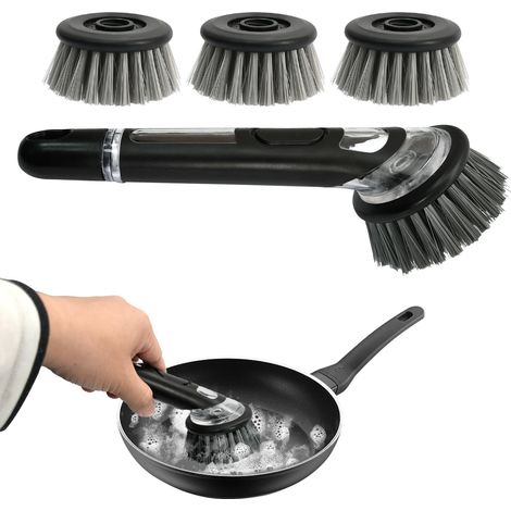 Brosse Vaisselle avec Reservoir avec 3 TêTes De Brosse De Remplacement Brosse Vaisselle Poils Rigides éLimination Efficace des Taches Brosse Vaisselle Cuisine PoignéE Souple Gris (1/5)