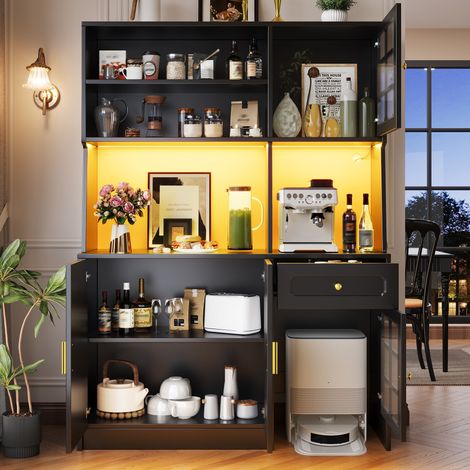 Buffet haut de cuisine 130x45x180 cm, armoire de rangement avec portes en verre et spots LED intégrés, meuble colonne noir pour salle à manger ou office, étagère lumineuse, 1 pièce. (1/5)