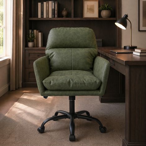 Sillón de oficina 62x33x57 cm en cuero PU verde, altura regulable, moderno para oficina FloraGrace (1/5)