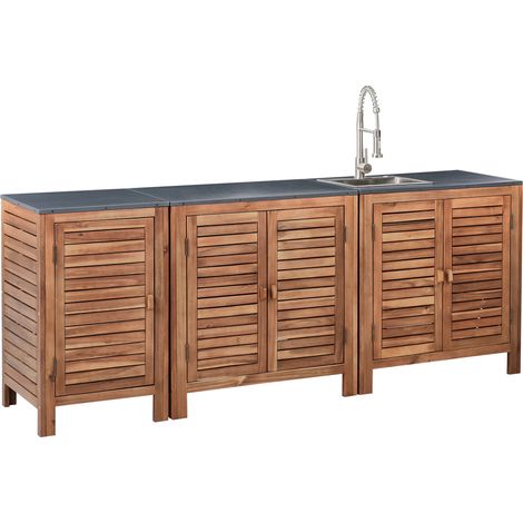 Cocina de jardín exterior de madera de acacia 3 armarios con puerta y estantes encimera de acero con fregadero y grifo marrón y plateado Brucoli (1/5)