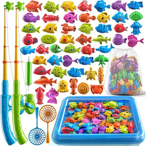 Jeu de pêche magnétique pour la piscine, idéal pour les enfants de 3 à 5 ans. Ce jouet de bain comprend une piscine gonflable, une canne à pêche, une épuisette, un flotteur en plastique et des poisson (1/5)