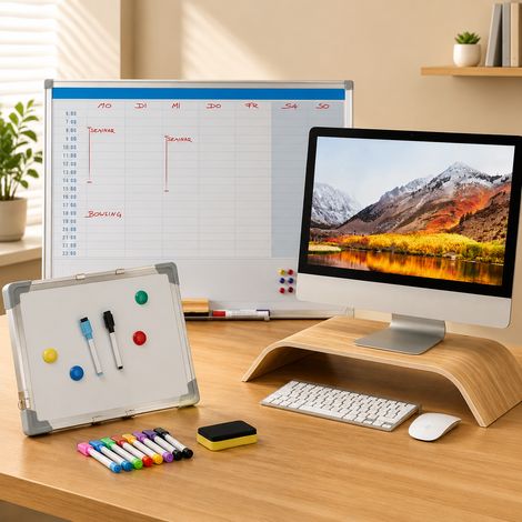 Ensemble de rangement de bureau en bambou (3 pièces) – Tableau blanc, tableau magnétique et support pour écran (1/5)