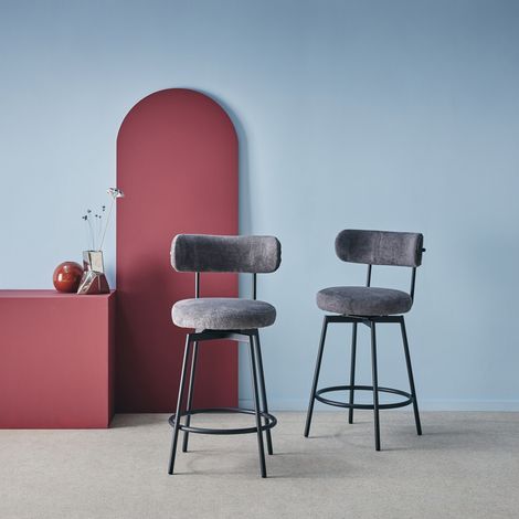 Lot de deux tabourets de bar assise rotative métal noir et tissu gris - L 50 x P 50 x H 92cm - Iris (1/5)