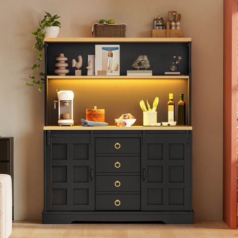 Buffet de cuisine LED style grange avec prises 120x40x150cm,4 tiroirs,meuble bar avec casier à vin,MDF,noir (1/5)