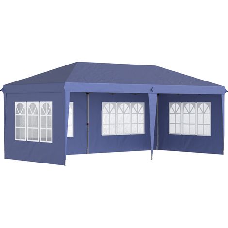 Pavillon pliant 6 x 3 m, semi-ouvert, panneaux latéraux amovibles, grandes fenêtres, sac de transport, structure en acier, bleu
