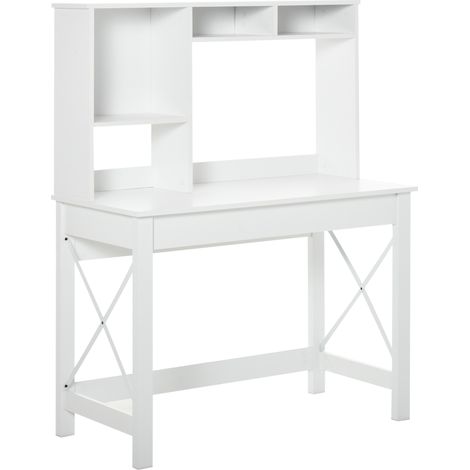 Bureau bibliothèque en bois blanc 105x50x137,5 cm avec étagères et grand plateau pour petit espace