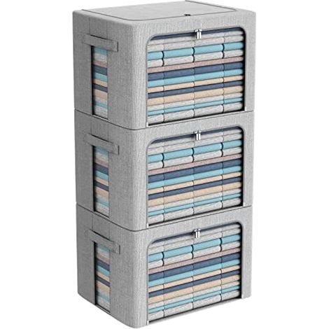 Lot de 3 bacs de rangement pliables – Boîte de rangement empilable en lin avec fenêtre transparente et poignées de transport – Grande capacité (XL - 100 L, gris clair) (1/5)