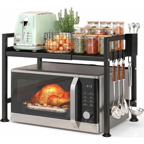 Etagere Cuisine Extensible, Etagere Micro Onde avec 6 Crochets Support Micro Onde en Acier au Carbone, Etagere Micro Ondes Cuisine Rangement Noir (1/5)