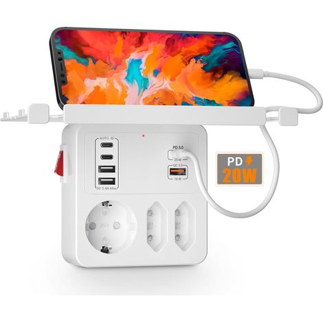 Prise avec Interrupteur,Multiprise Murale avec USB C PD20W Charge Rapide Multiprise 3 Prises 6 USB Chargeur avec Support pour Téléphone,Prise Multiple Triplette Electrique,Blanc (1/5)