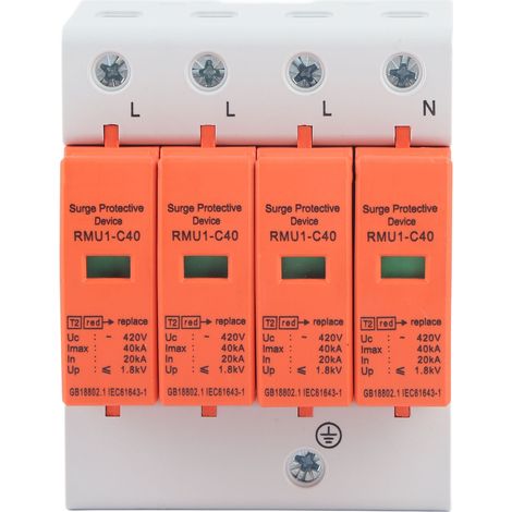 Parafoudre 4P pour rail DIN avec voyant indicateur, AC 420V, modèle RMU1-C40, protection contre les surtensions (1/5)