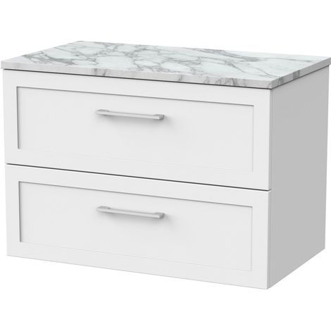 Stonnall Traditional Wall Hung 2 Drawers Vanity Unit with Carrera Marble Laminate Worktop, 800mm, Matt White