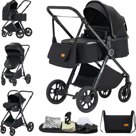 Set passeggino per bambini, seggiolino auto per neonati, design pieghevole facile, h2 nero (1/2)