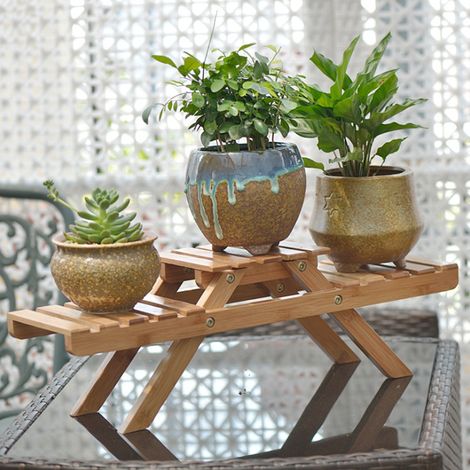 Étagère de rangement pliable en bois à 2 niveaux pour plantes en pot et fleurs, idéale pour le jardin. (1/5)