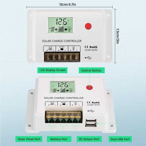 PWM Contrôleur de Charge 20A Régulateur de Charge Panneau Solaire Identification Automatique 12V/24V avec écran LCD et Port 5V USB (1/3)