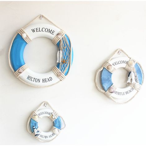 Une pièce en bois Nautique Sea Life bouée de sauvetage décorative bouée maison porte murale décoration suspendue, décoration de plage bouée de sauvetage, logo décoration de piscine (bleu clair) -20,5 (1/2)