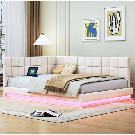letto matrimoniale 140x200 con LED USB imbottito beige OKMYHOME (1/5)