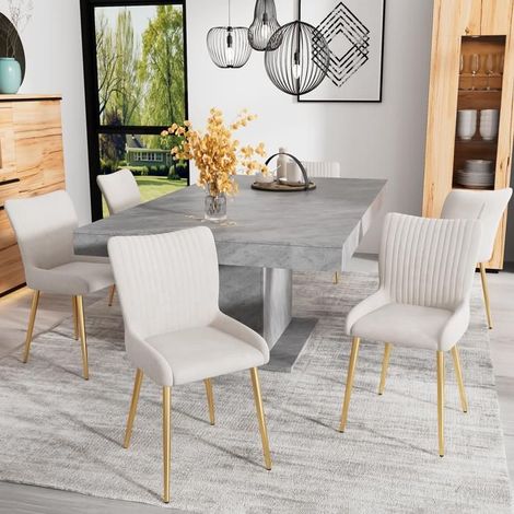 Chaise de salle à manger lot de 6, velours beige Chaise rembourrée, pieds métal doré, soutien lombaire, style lounge luxueux (1/5)