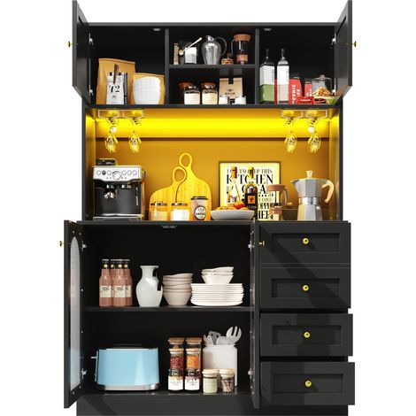 Seitenboard / Aufbewahrungsschrank / Küchenschrank / Buffetschrank, 120x40x188cm, Landhausstil, 4 Türen, mit LED-Lichtleiste & Getränkehaltern, Schwarz