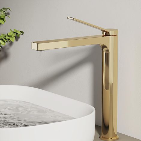 Robinet de salle de bain or champagne, 335 x 233 x 46 mm, en laiton, cartouche en céramique, robinet de salle de bain, mitigeur de lavabo, installation facile, robinet avec aérateur (1/5)