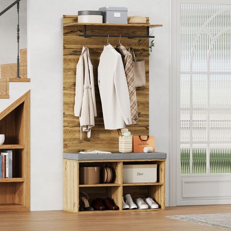 Armoire de 175 cm de haut, aspect bois, avec banc à chaussures, étagère réglable, tringle et coussin – 84 x 32 cm – Meuble d'entrée pratique (1/4)