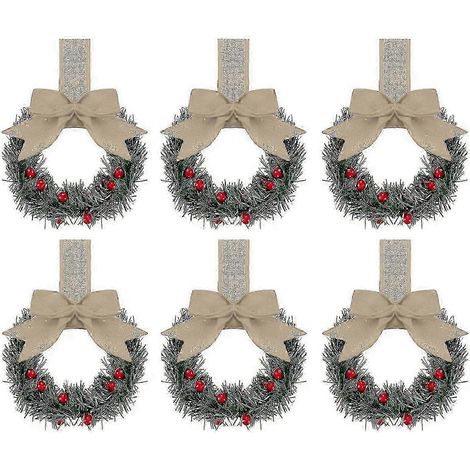 Couronnes de Noël miniatures pour fenêtres, ornées de rubans et de baies rouges, style champêtre, pour portes de cuisine et placards.6pcs (1/5)